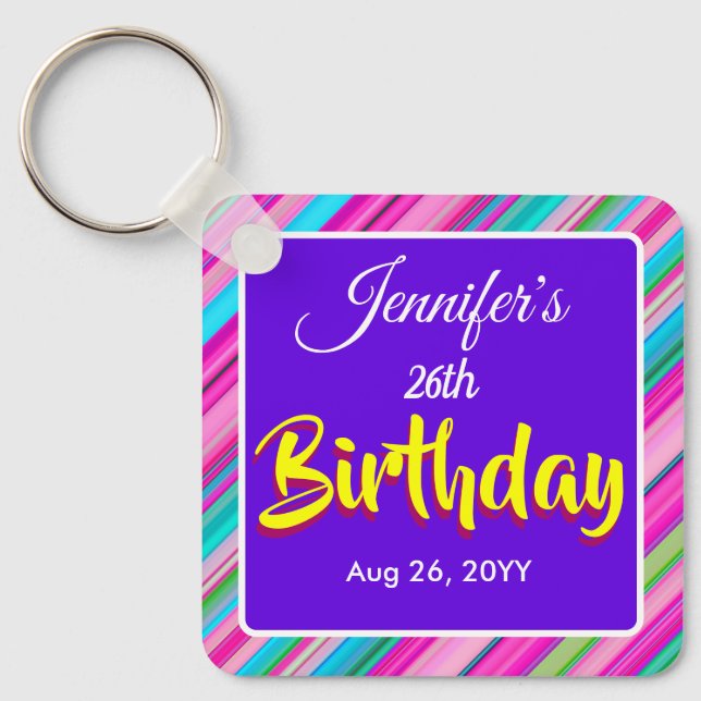 Rainbow Stripes Pattern Birthday Custom Template Keychain (Front)