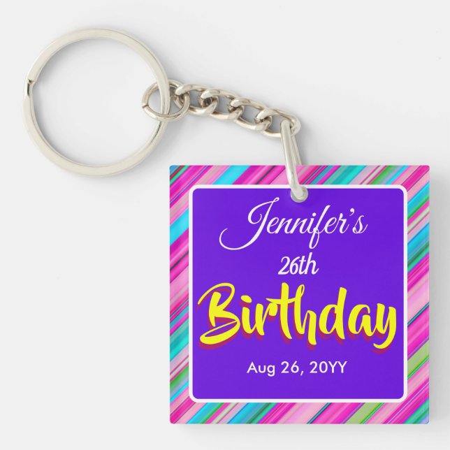 Rainbow Stripes Pattern Birthday Custom Template Keychain (Front)