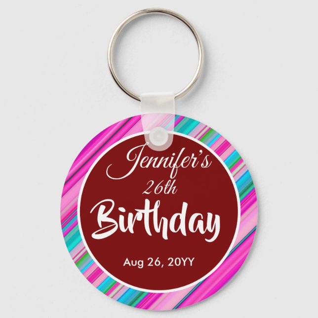 Rainbow Stripes Pattern Birthday Custom Template Keychain (Front)