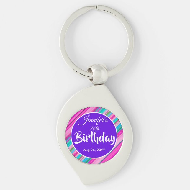 Rainbow Stripes Pattern Birthday Custom Template Keychain (Front)