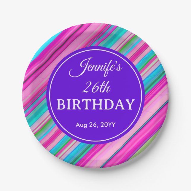 Rainbow Stripes Pattern Birthday Custom Template Paper Plates (Front)