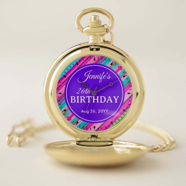 Rainbow Stripes Pattern Birthday Custom Template Pocket Watch (Inside)