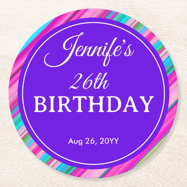 Rainbow Stripes Pattern Birthday Custom Template Round Paper Coaster (Front)