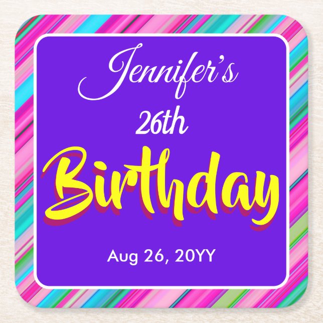 Rainbow Stripes Pattern Birthday Custom Template Square Paper Coaster (Front)
