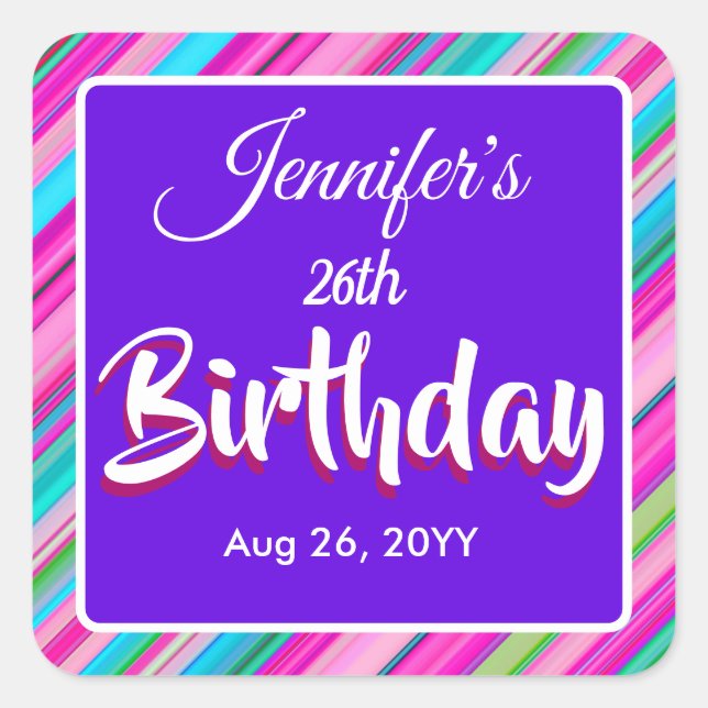 Rainbow Stripes Pattern Birthday Custom Template Square Sticker (Front)