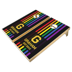 Rainbow Stripes Personalized LGBTQ Black Custom Cornhole Set