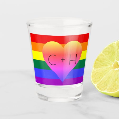 Rainbow Stripes Pride with Heart  Custom Initials Shot Glass