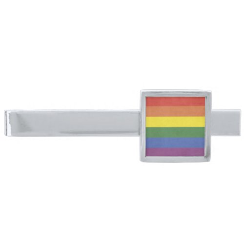Rainbow stripes silver finish tie clip