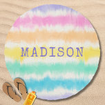 Rainbow Stripes Tie Dye Custom Personalized Name Beach Towel<br><div class="desc">Rainbow Stripes Tie Dye Custom Personalized Name Beach Towel features your personalized name in modern purple typography on colorful tie dye background. Perfect for the beach,  vacation,  as a gift for birthdays,  Christmas,  Mother's Day and holidays. Created by Evco Studio www.zazzle.com/store/evcostudio</div>
