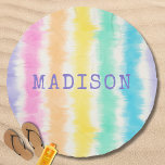 Rainbow Stripes Tie Dye Custom Personalized Name Beach Towel<br><div class="desc">Rainbow Stripes Tie Dye Custom Personalized Name Beach Towel features your personalized name in modern purple typography on colorful tie dye background. Perfect for the beach,  vacation,  as a gift for birthdays,  Christmas,  Mother's Day and holidays. Created by Evco Studio www.zazzle.com/store/evcostudio</div>