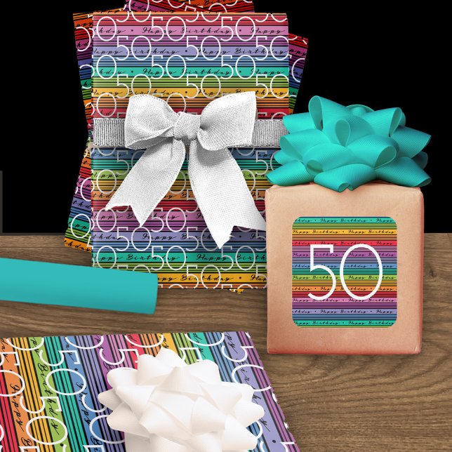 Rainbow Stripes Typography 50th Birthday  Wrapping Paper Sheets (need sticker? https://www.zazzle.com/50th_birthday_rainbow_stripes_square_sticker-256853691998719054)