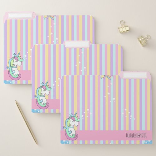 Rainbow stripes Unicorn Stars personalized School File Folder