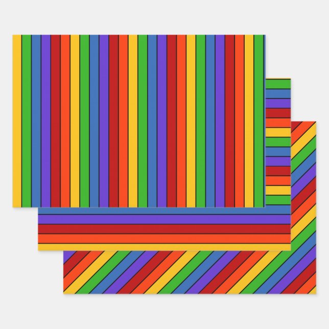 Rainbow Stripes Vertical Horizontal Diagonal Wrapping Paper Sheets (Set)