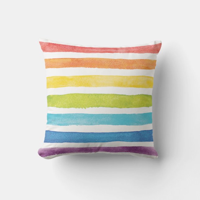 Rainbow Stripes Watercolor Bright Colorful Outdoor Pillow (Front)