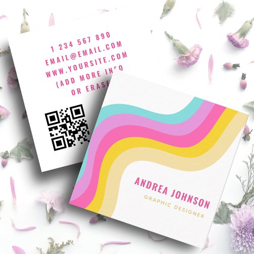 Rainbow Stripes Waves Colorful Minimalist QR Code  Square Business Card