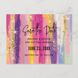 Rainbow Stripes with Faux Glitter Save the Date Invitation Postcard