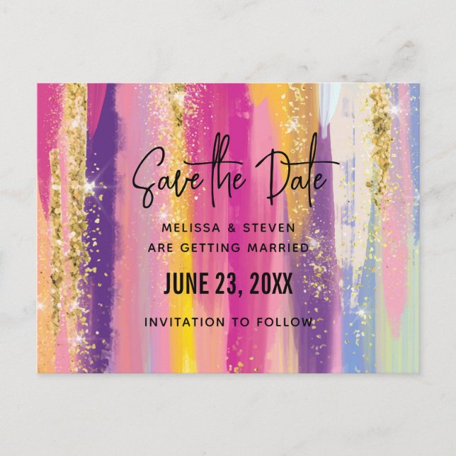 Rainbow Stripes with Faux Glitter Save the Date Invitation Postcard (Front)