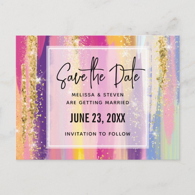 Rainbow Stripes with Faux Glitter Save the Date Invitation Postcard (Front)