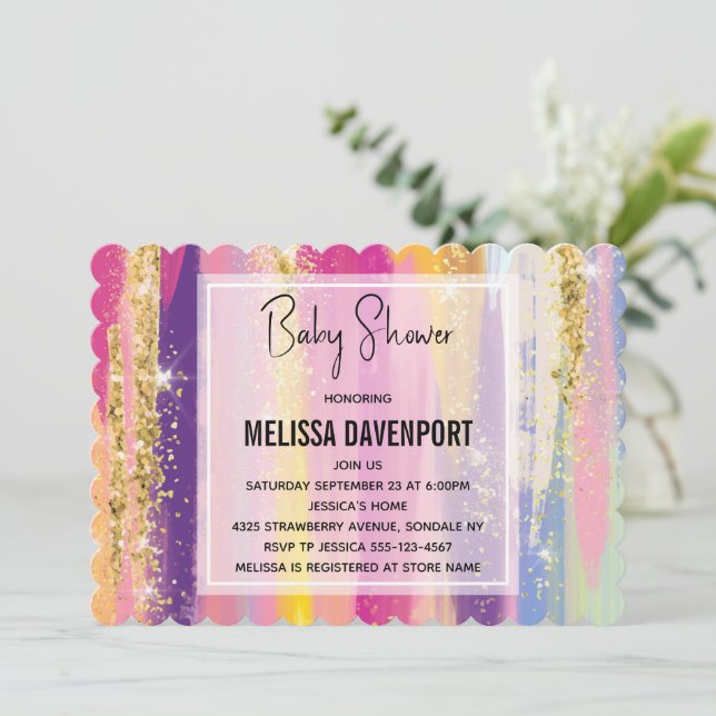 Rainbow Stripes with Faux Gold Glitter Baby Shower Invitation (Standing Front)