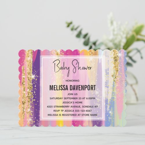 Rainbow Stripes with Faux Gold Glitter Baby Shower Invitation