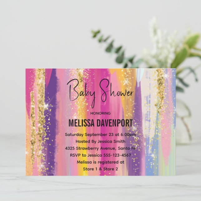 Rainbow Stripes with Faux Gold Glitter Baby Shower Invitation (Standing Front)