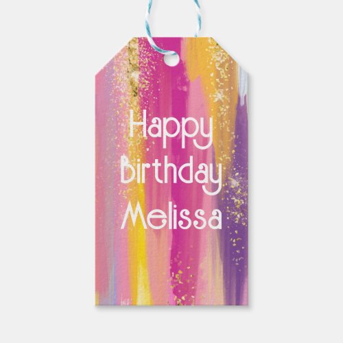 Rainbow Stripes with Faux Gold Glitter Birthday Gift Tags