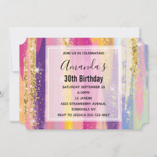 Rainbow Stripes with Faux Gold Glitter Birthday Invitation