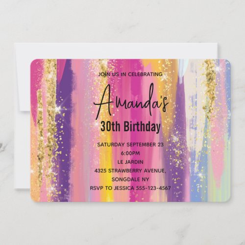 Rainbow Stripes with Faux Gold Glitter Birthday Invitation