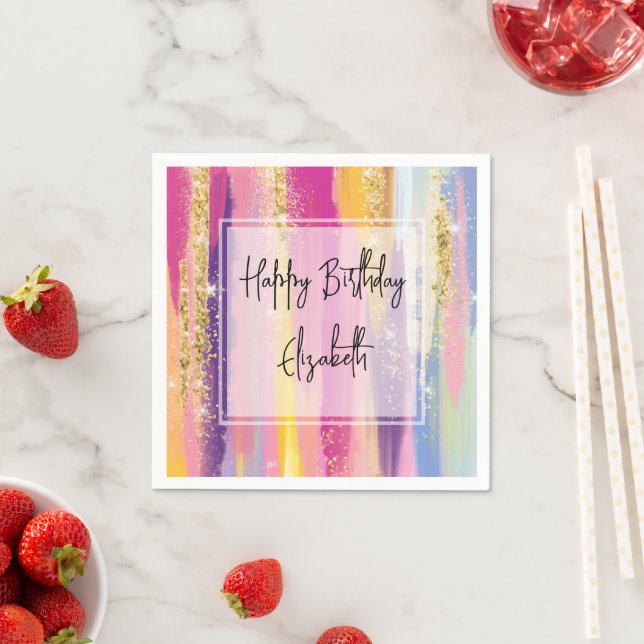 Rainbow Stripes with Faux Gold Glitter Birthday Napkins (Insitu)