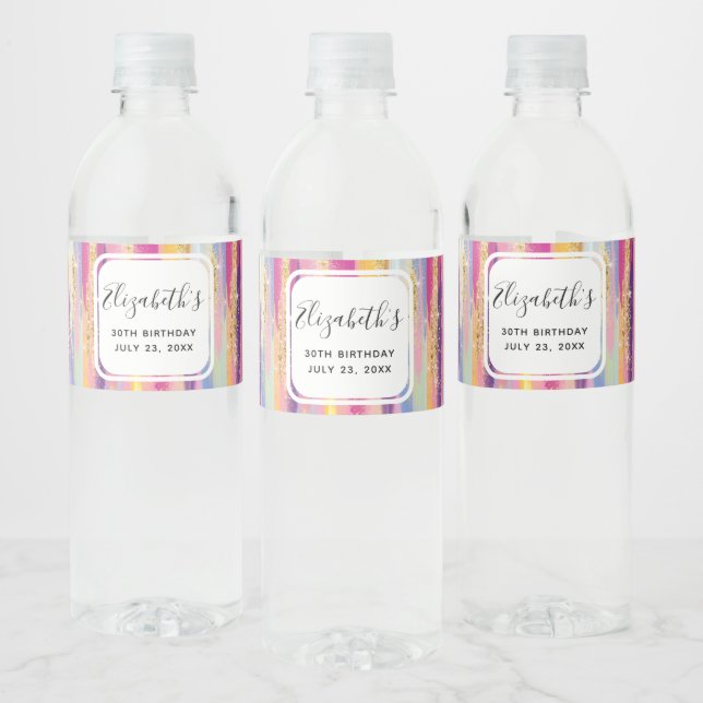 Rainbow Stripes with Faux Gold Glitter Birthday Water Bottle Label (Bottles)