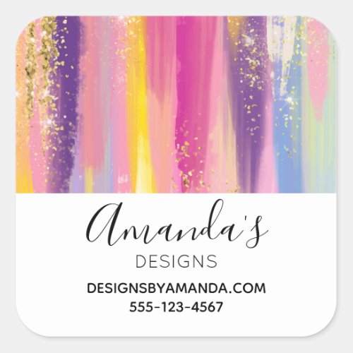 Rainbow Stripes with Faux Gold Glitter Business Square Sticker