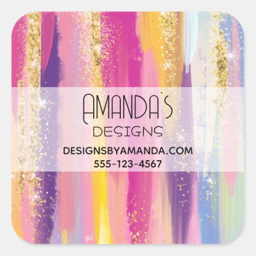 Rainbow Stripes with Faux Gold Glitter Business Square Sticker