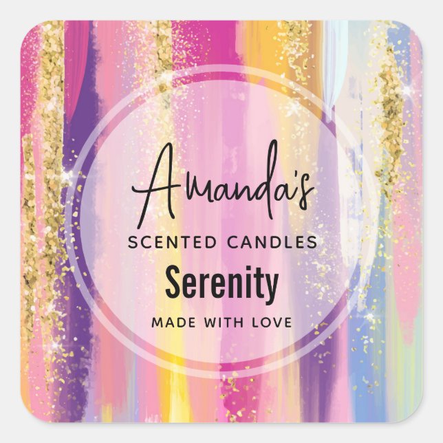 Rainbow Stripes with Faux Gold Glitter Candle Biz Square Sticker (Front)