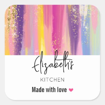 Rainbow Stripes With Faux Gold Glitter Kitchen Square Sticker by Mirribug at Zazzle
