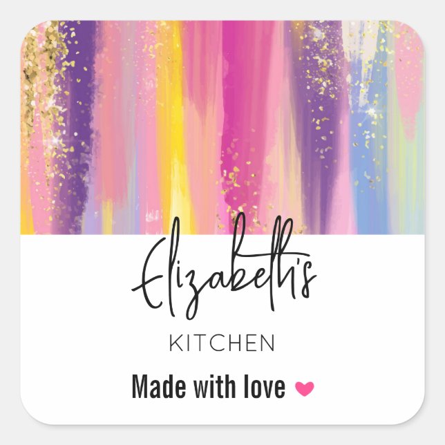 Rainbow Stripes with Faux Gold Glitter Kitchen Square Sticker (Front)