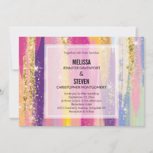 Rainbow Stripes with Faux Gold Glitter Wedding Invitation