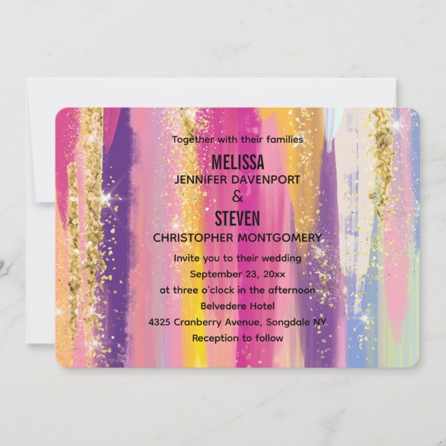 Rainbow Stripes with Faux Gold Glitter Wedding Invitation (Front)