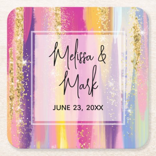 Rainbow Stripes with Faux Gold Glitter Wedding Square Paper Coaster