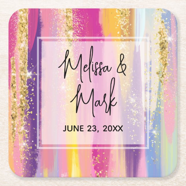 Rainbow Stripes with Faux Gold Glitter Wedding Square Paper Coaster (Front)