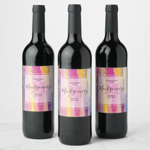 Rainbow Stripes with Faux Gold Glitter Wine Making Wine Label