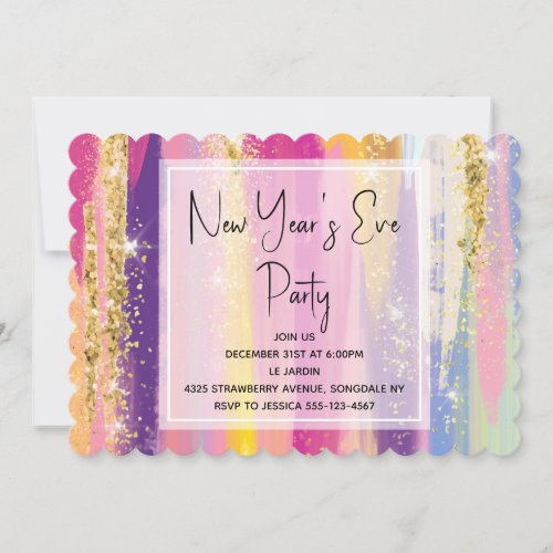 Rainbow Stripes with Gold Glitter New Years Eve Invitation