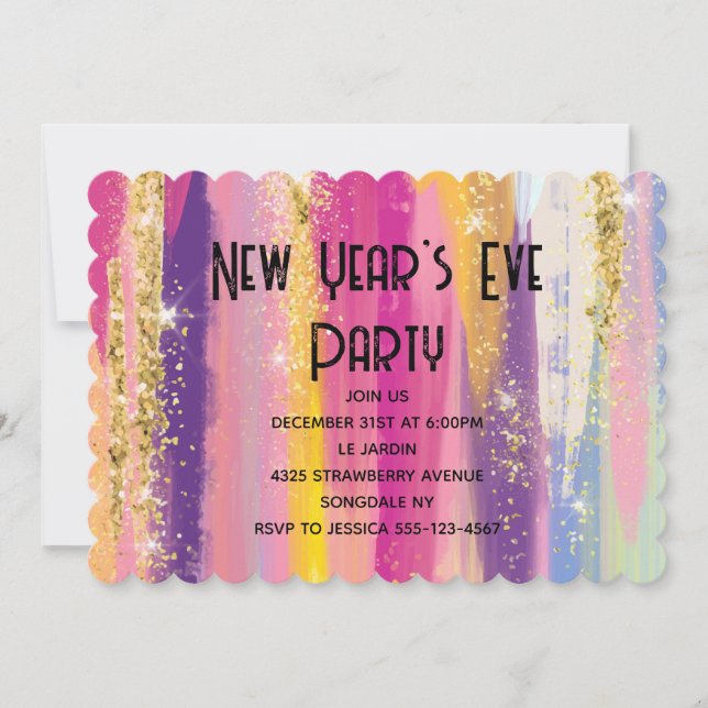 Rainbow Stripes with Gold Glitter New Years Eve Invitation (Front)