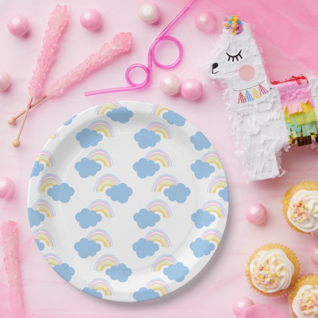 Rainbow Summer Clouds Pastel Scribble Doodle     Paper Plates (Party)