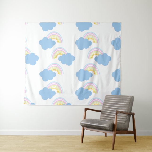 Rainbow Summer Clouds Pastel Scribble Doodle   Tapestry (In Situ (Horizontal))