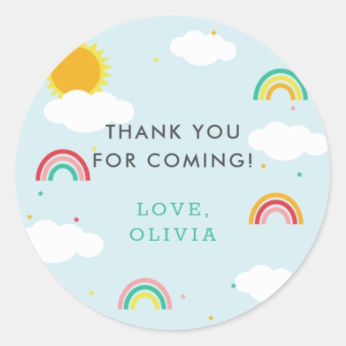 Rainbow Sun and Clouds Kids birthday party  Classic Round Sticker