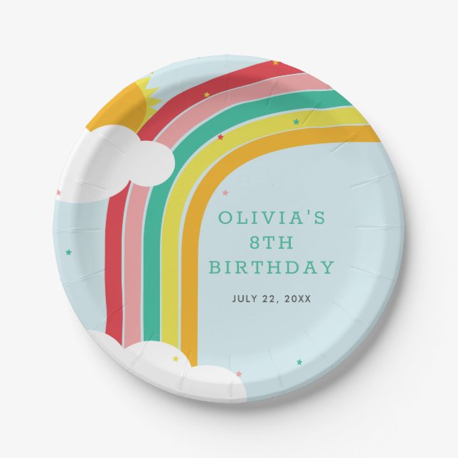 Rainbow, Sun and Clouds Kid's birthday party  Paper Plates (Front)