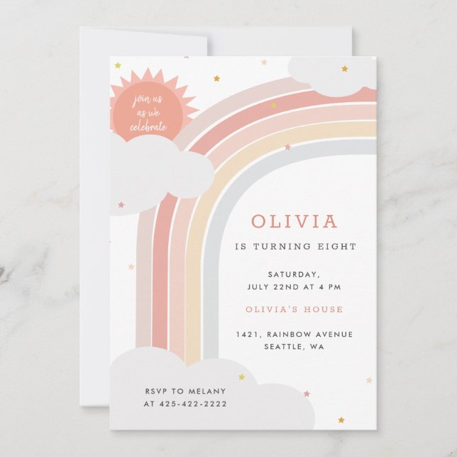 Rainbow, Sun and Clouds Kid's birthday Pink muted Invitation (Front)