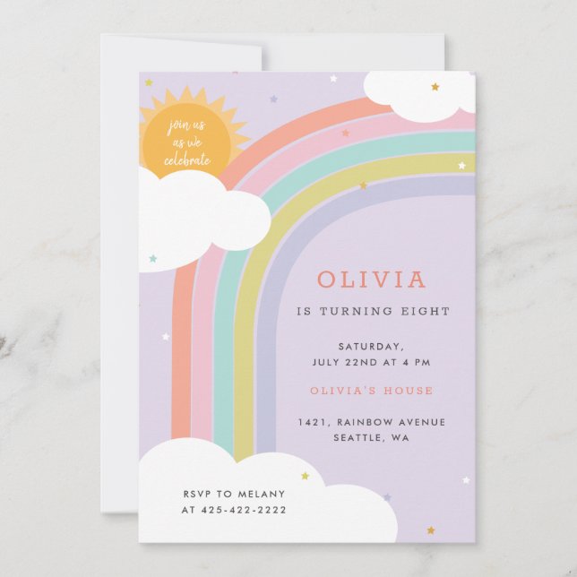Rainbow, Sun and Clouds Kid's birthday Purple Invitation (Front)