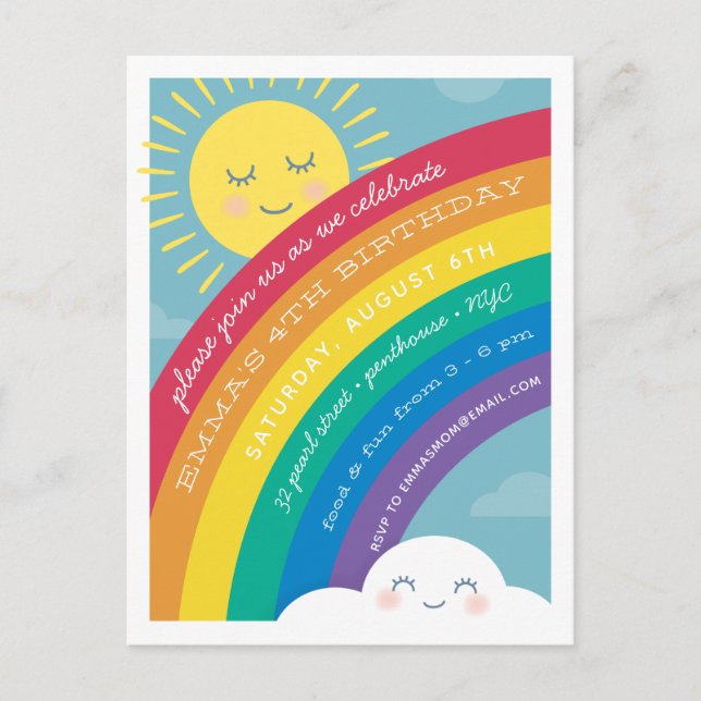 Rainbow Sun Happy Cloud Birthday Invitation Postcard (Front)