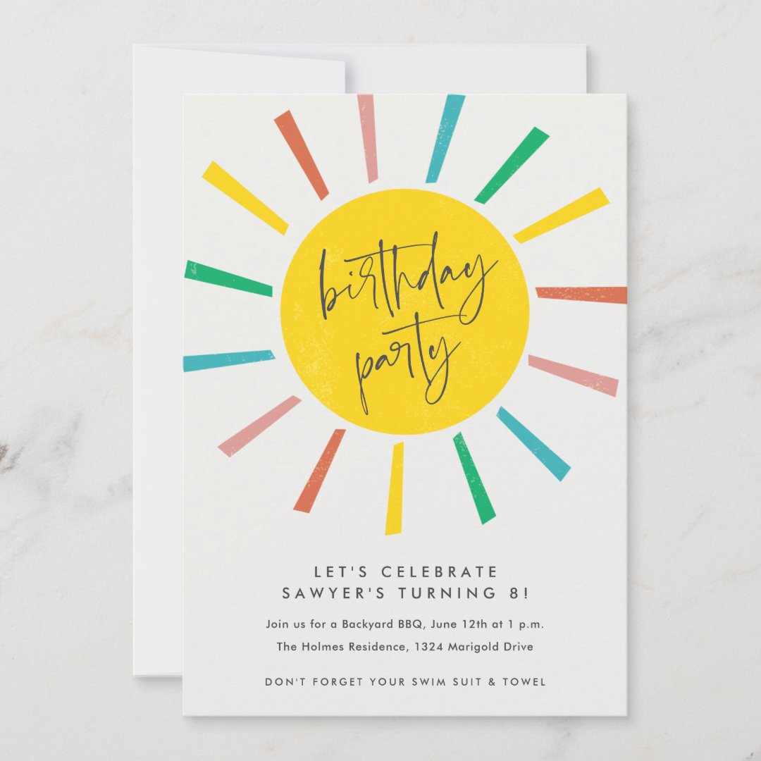 Rainbow Sun Script Kids Birthday Party Invitation | Zazzle